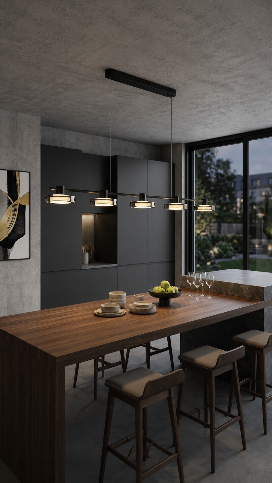Modern dining room with Gleesia Zzyzx LED linear suspension above a long wooden table