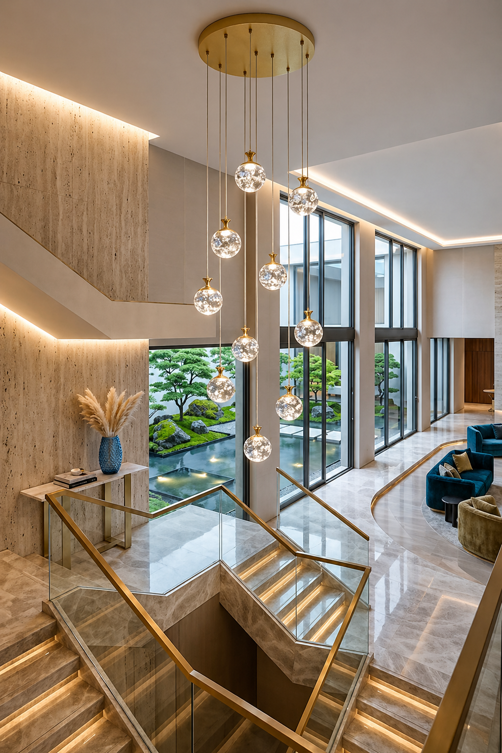 Modern interior with a staircase, glass railings, and large windows.