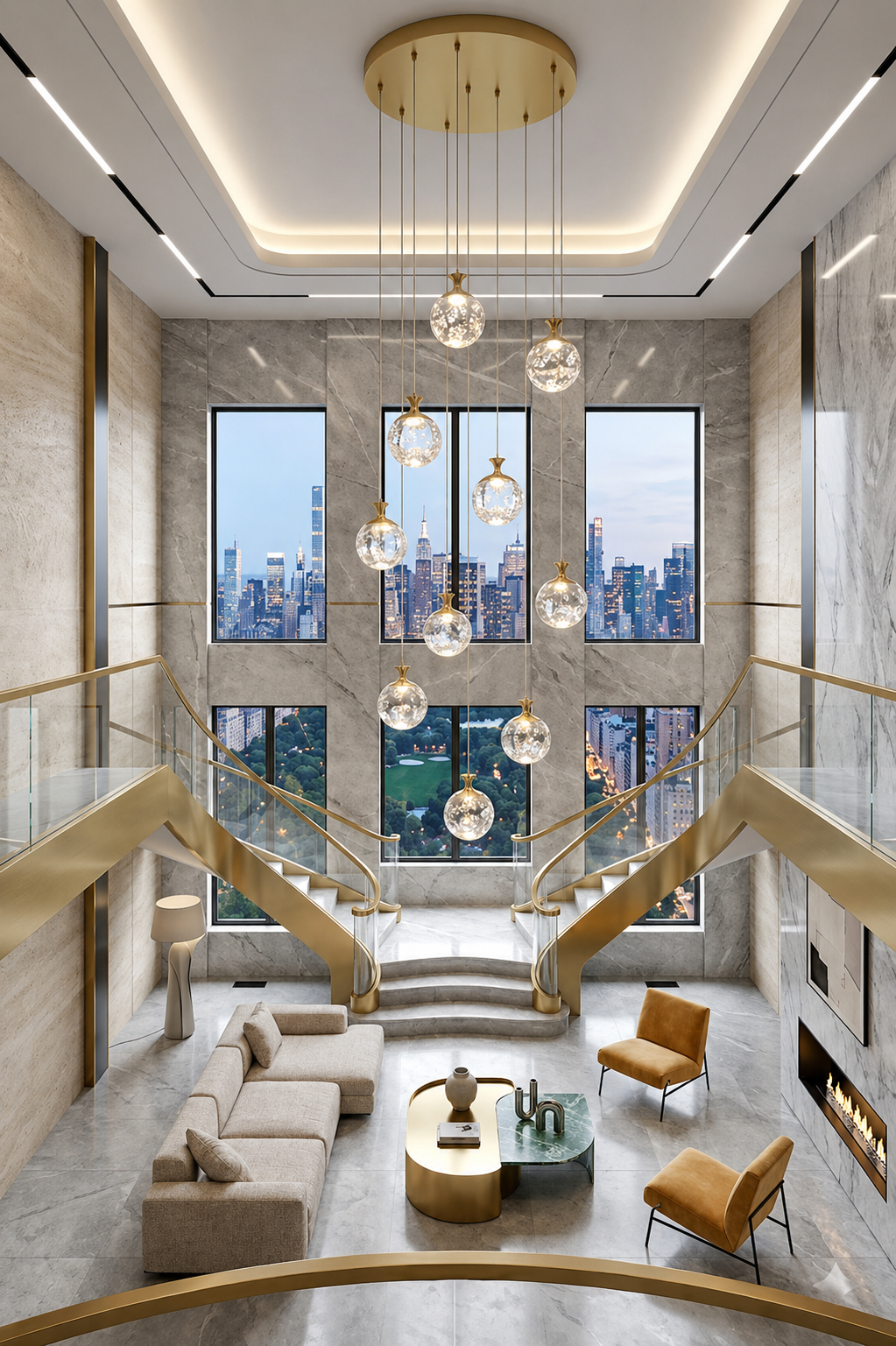 Luxurious interior of a modern building with a staircase, seating area, and cityscape view.