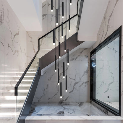 Black LED Pendant Light by the stairs, falling vertically