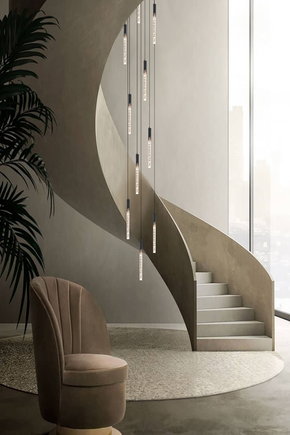 A contemporary black bubble crystal pendant light is suspended from the staircase