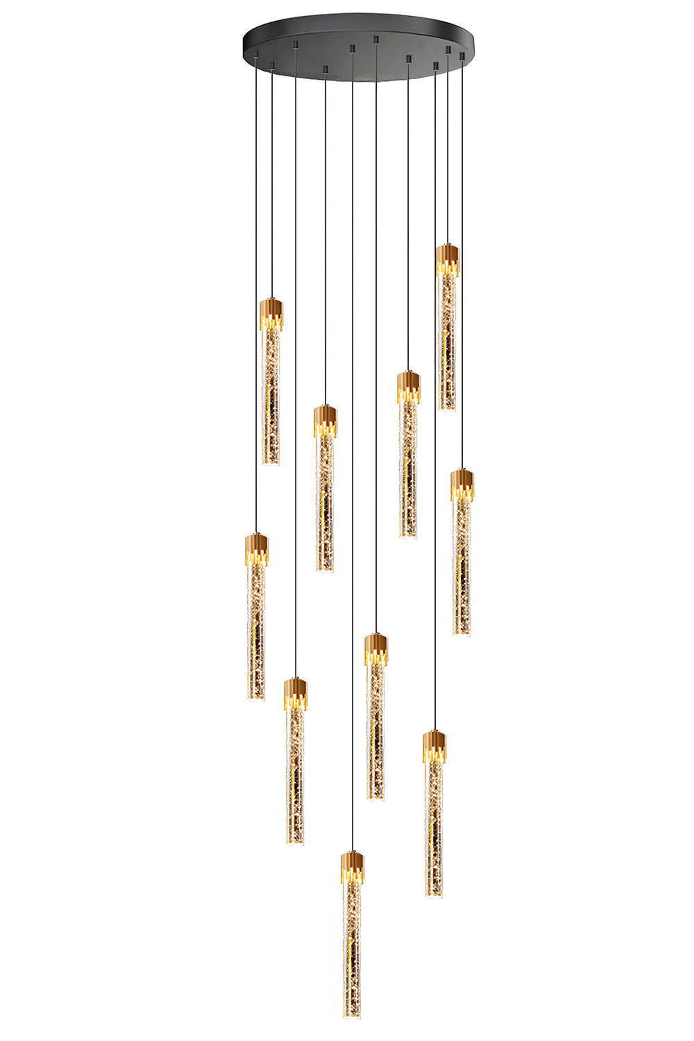Sleek gold bubble crystal pendant light with 10 lights hanging from ceiling.