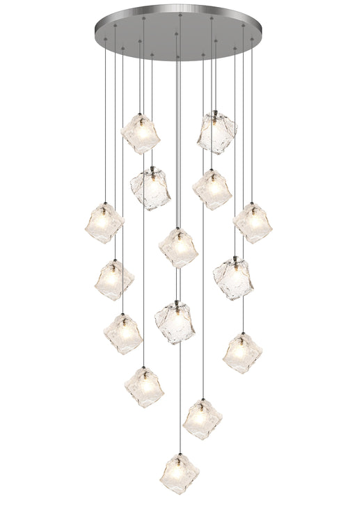 A contemporary crystal pendant light featuring 15 elegant lights, illuminating the space with a stylish and modern design.