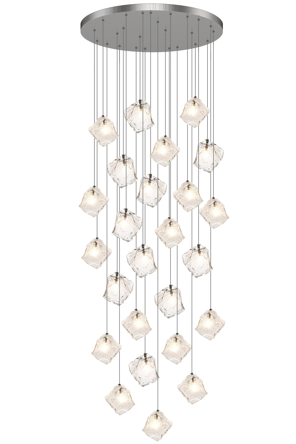 A contemporary crystal pendant light featuring 25 elegant lights, illuminating the space with a stylish and modern design.