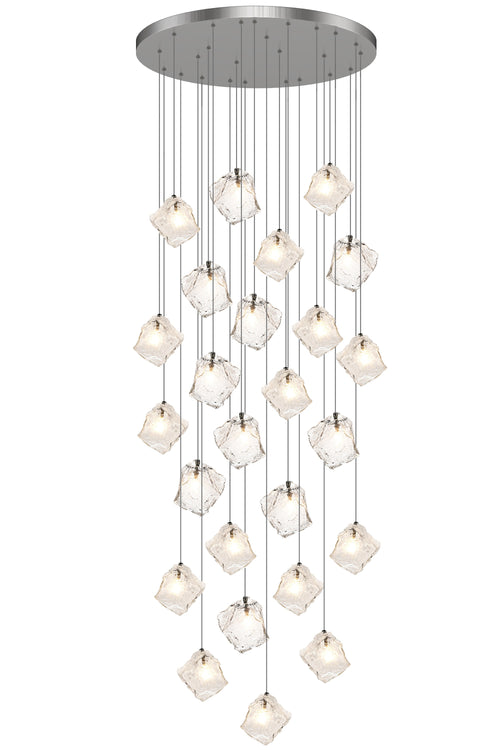 A contemporary crystal pendant light featuring 25 elegant lights, illuminating the space with a stylish and modern design.