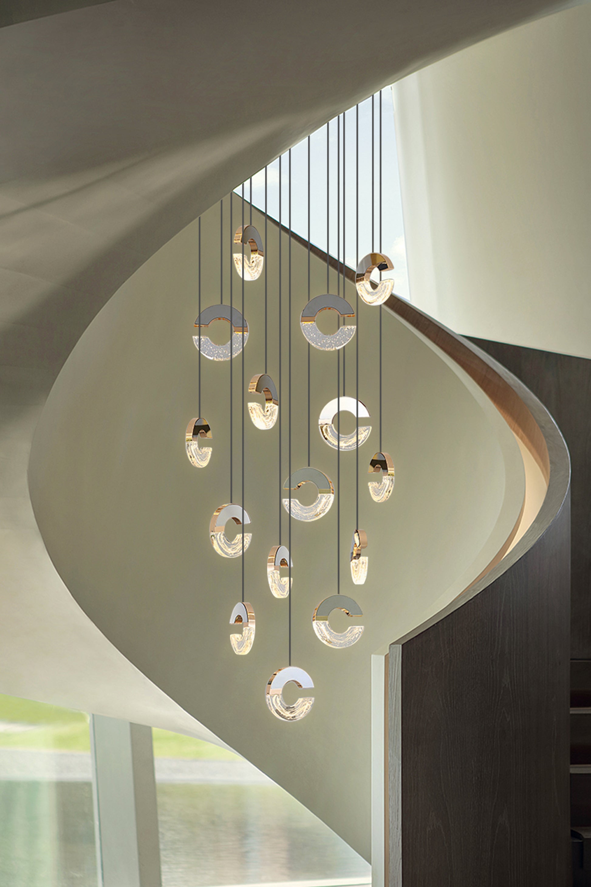 A crystal pendant light illuminates the room with warm, soft light, casting elegant shadows on the ceiling and walls.