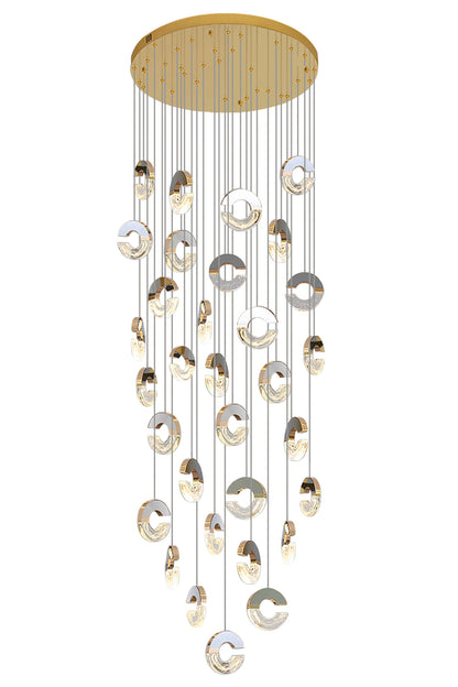 A modern pendant light featuring 32 circular arc designs, emitting a warm and inviting glow throughout the space.