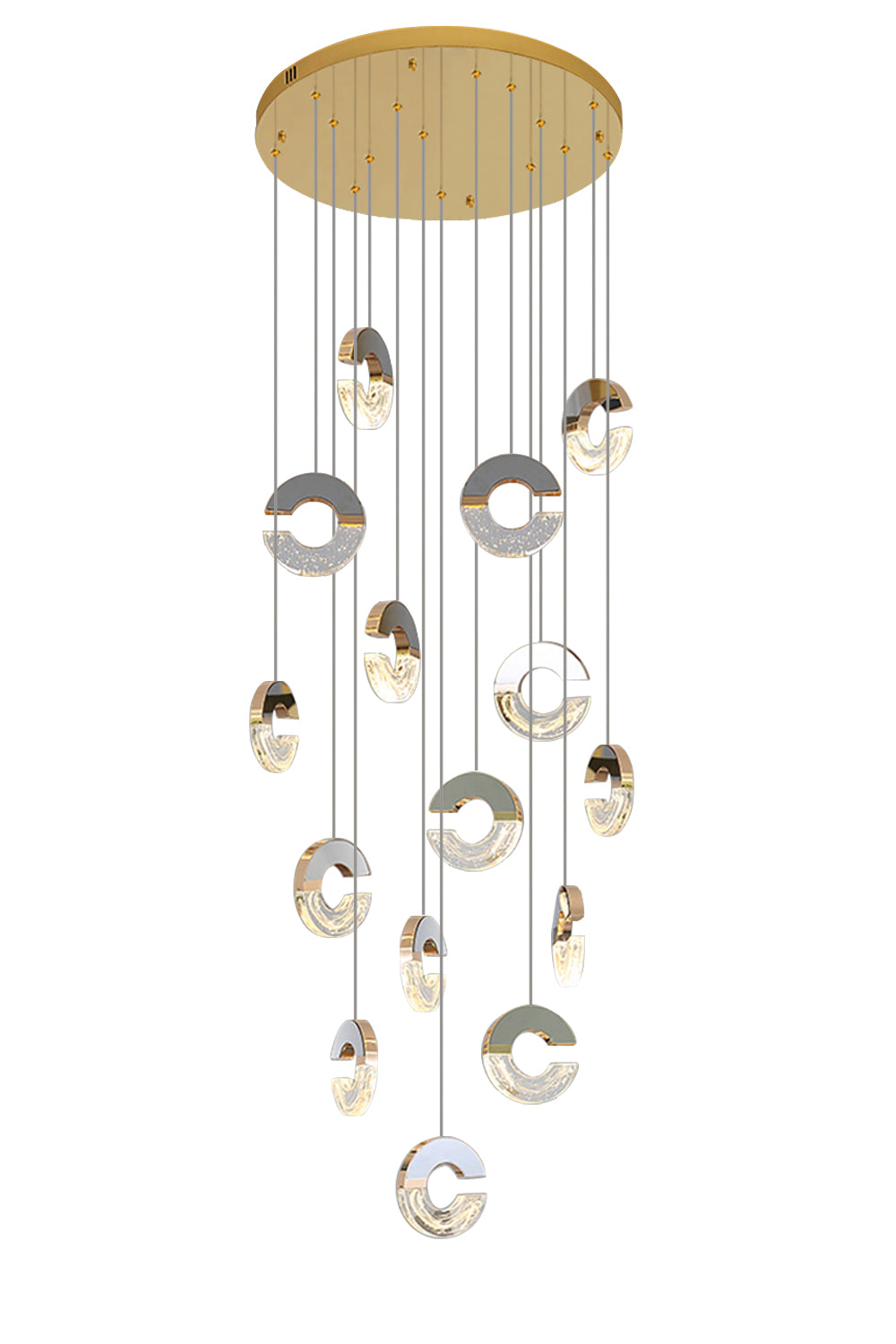 A modern pendant light featuring 15 circular arc designs, emitting a warm and inviting glow throughout the space.