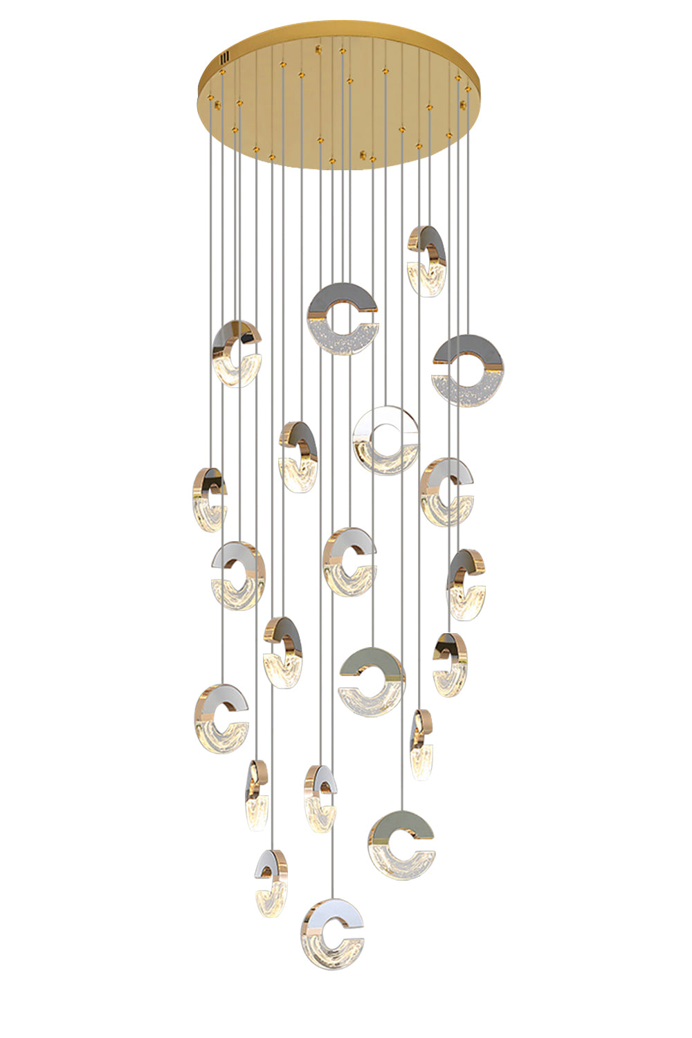 A modern pendant light featuring 21 circular arc designs, emitting a warm and inviting glow throughout the space.