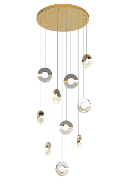 A modern pendant light featuring 10 circular arc designs, emitting a warm and inviting glow throughout the space.