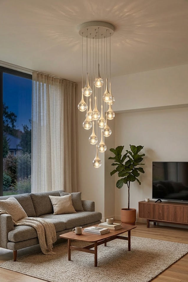 Modern living room with a stylish chandelier, sofa, coffee table, and TV.
