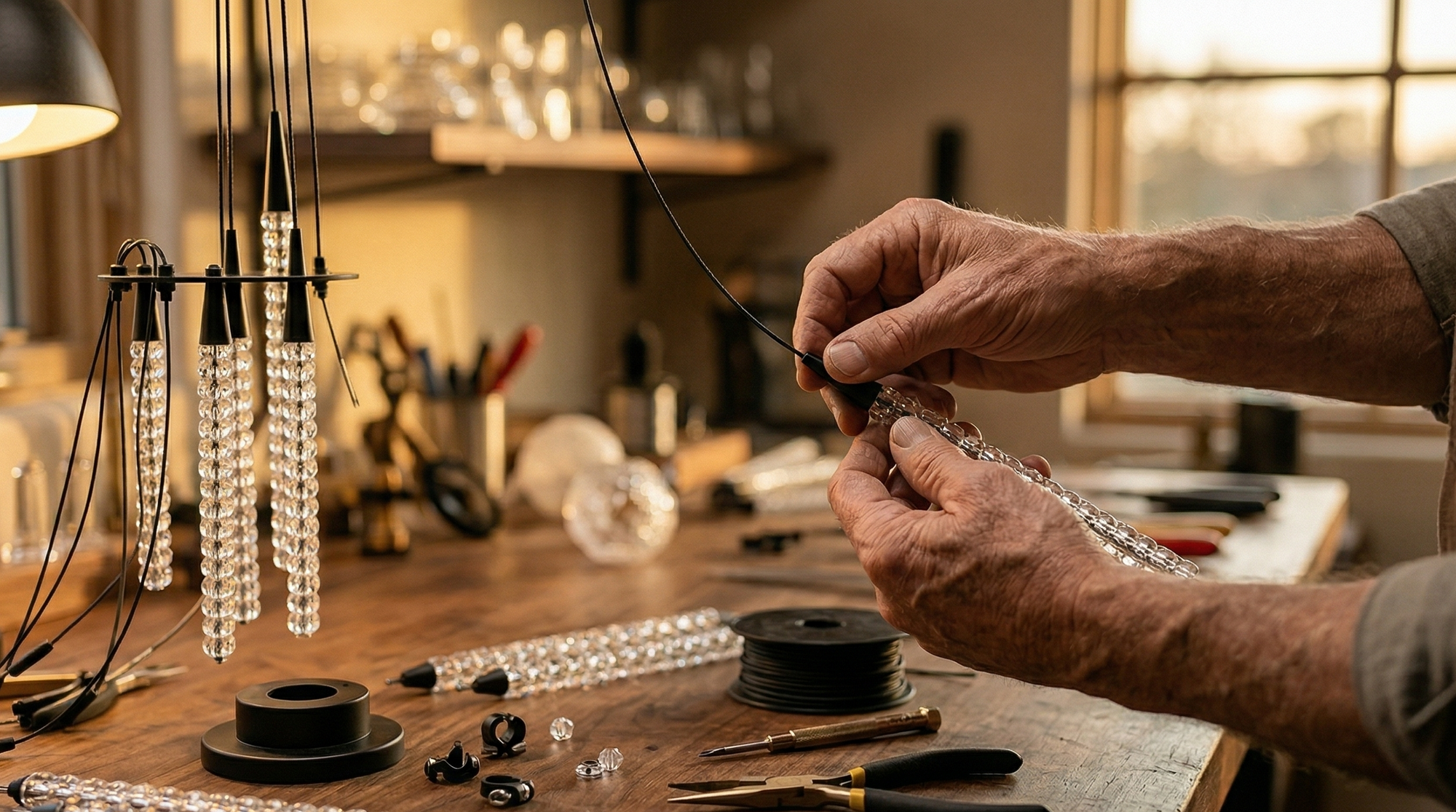 Person working on a craft project with tools and materials on a wooden table.
