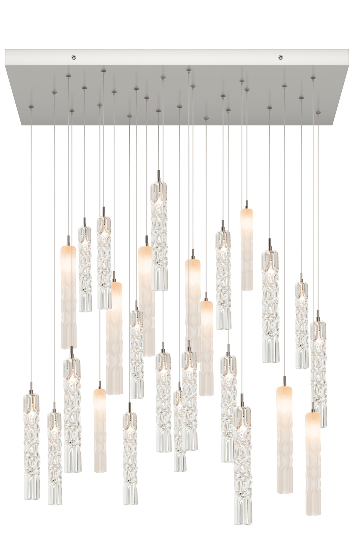 Modern chandelier with hanging crystal elements on a white background