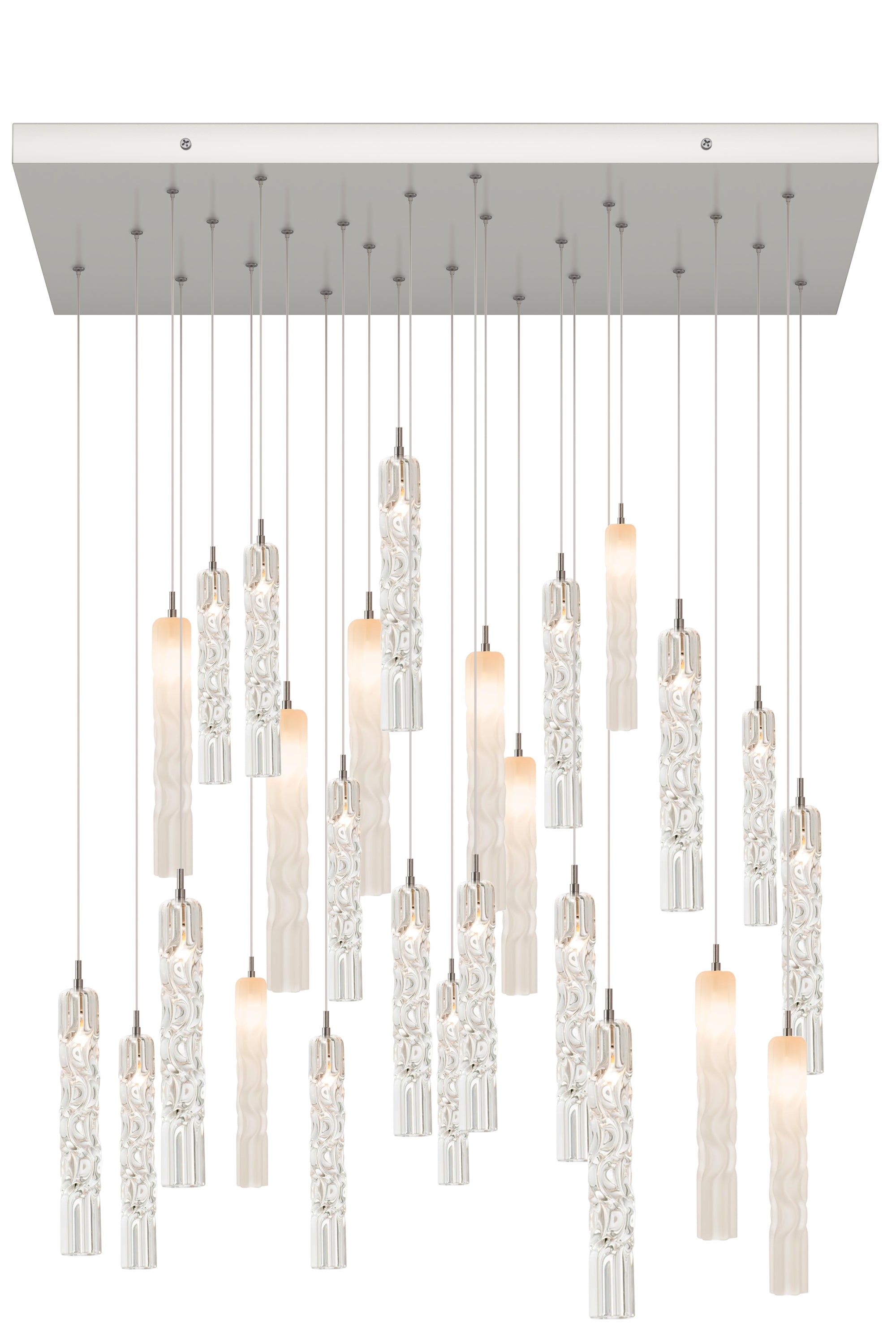 Modern chandelier with hanging crystal elements on a white background