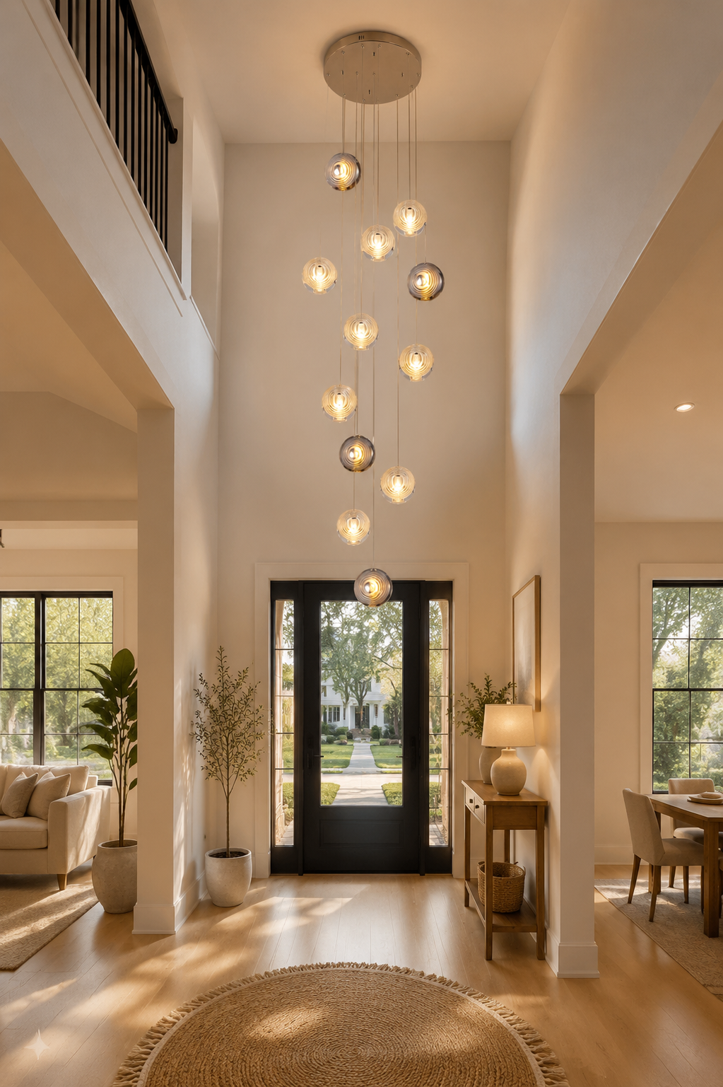 Modern interior design of a living room with a chandelier, plants, and a door leading outside.