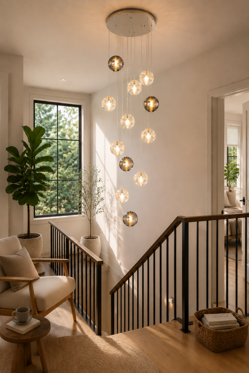 Modern staircase with decorative ceiling light fixture in a home interior.